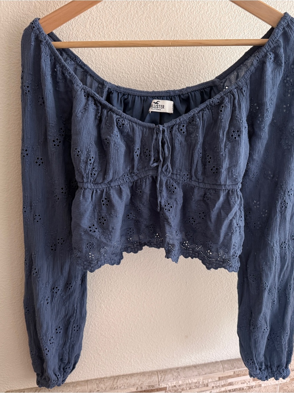 Hollister Navy Blue Eyelet Cropped Peasant Top